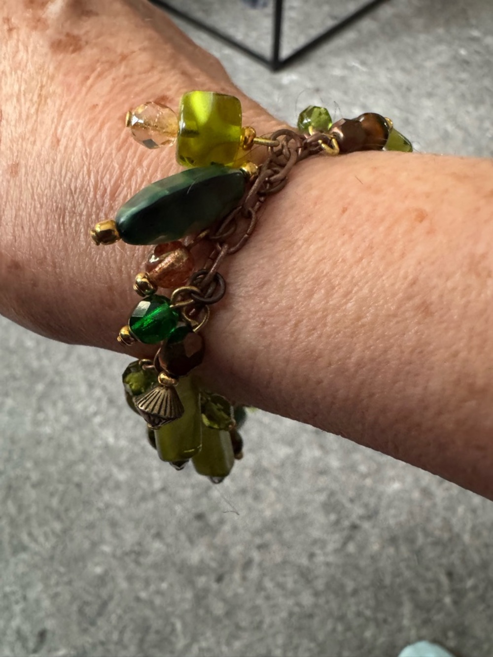 Milano glass bead bracelet greens and browns  size 7.5-8”